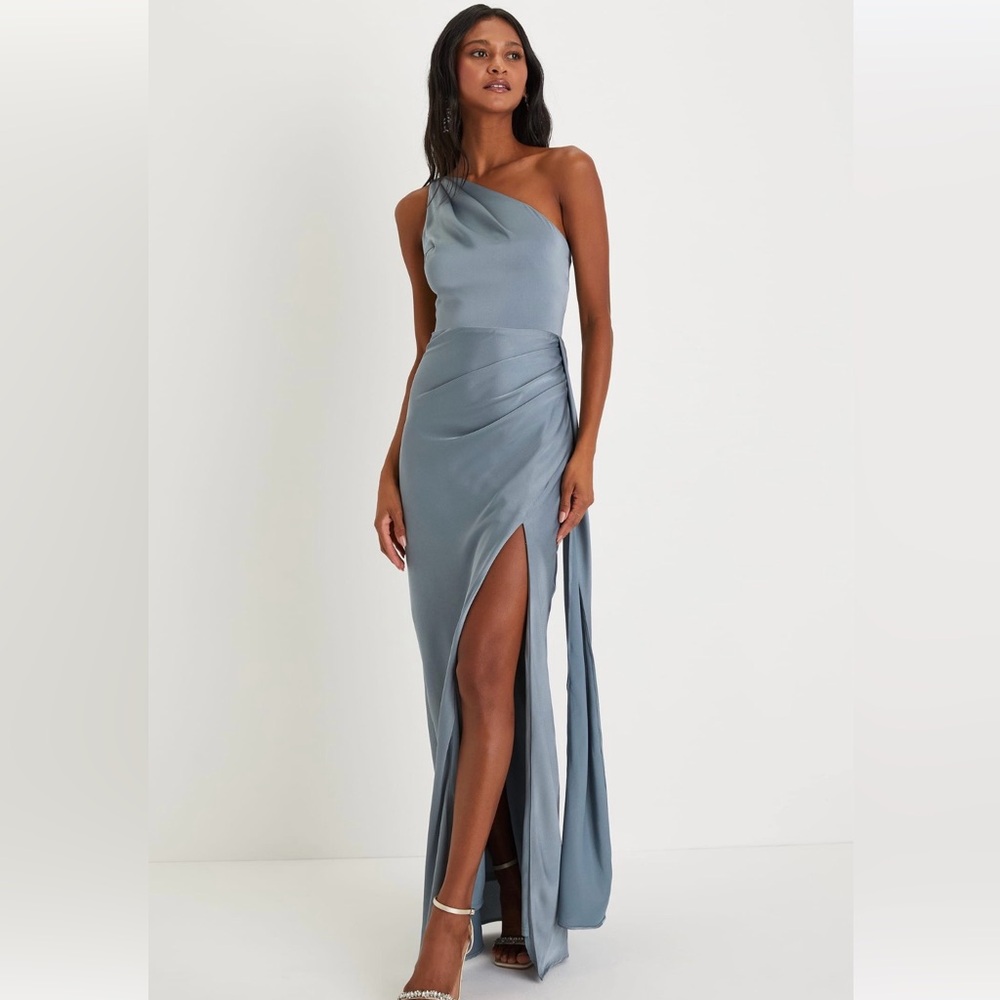 Lulus Elegant One-Shoulder Slate Blue Satin Dress